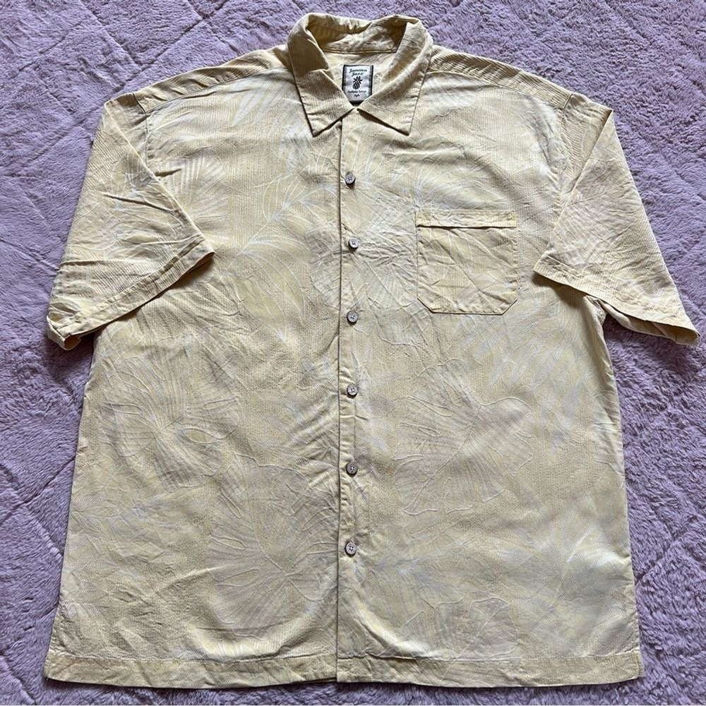 Jamaica Jaxx Silk Yellow Floral Hawaiian Shirt Tropical Vacation Coastal Size XL